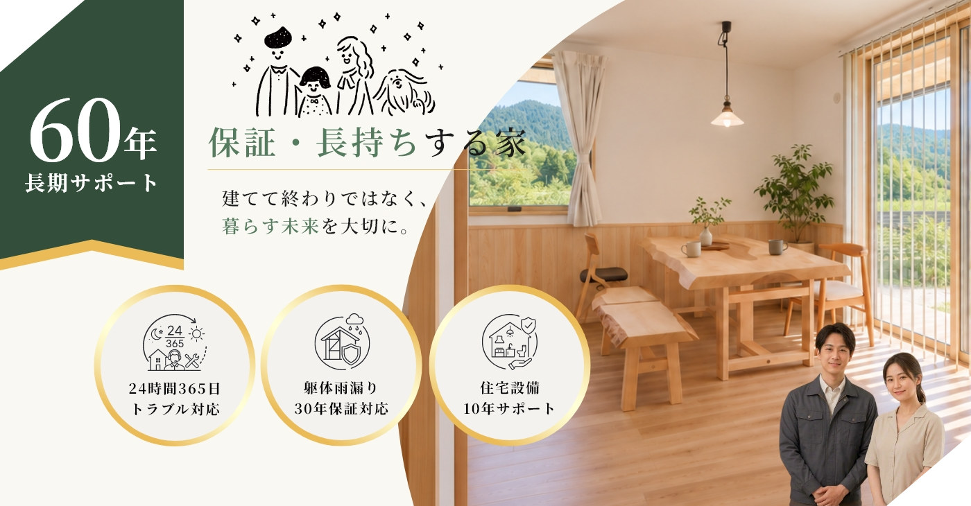 60年長期サポート　保証・長持ちする家　建てて終わりではなく、暮らす未来を大切に。